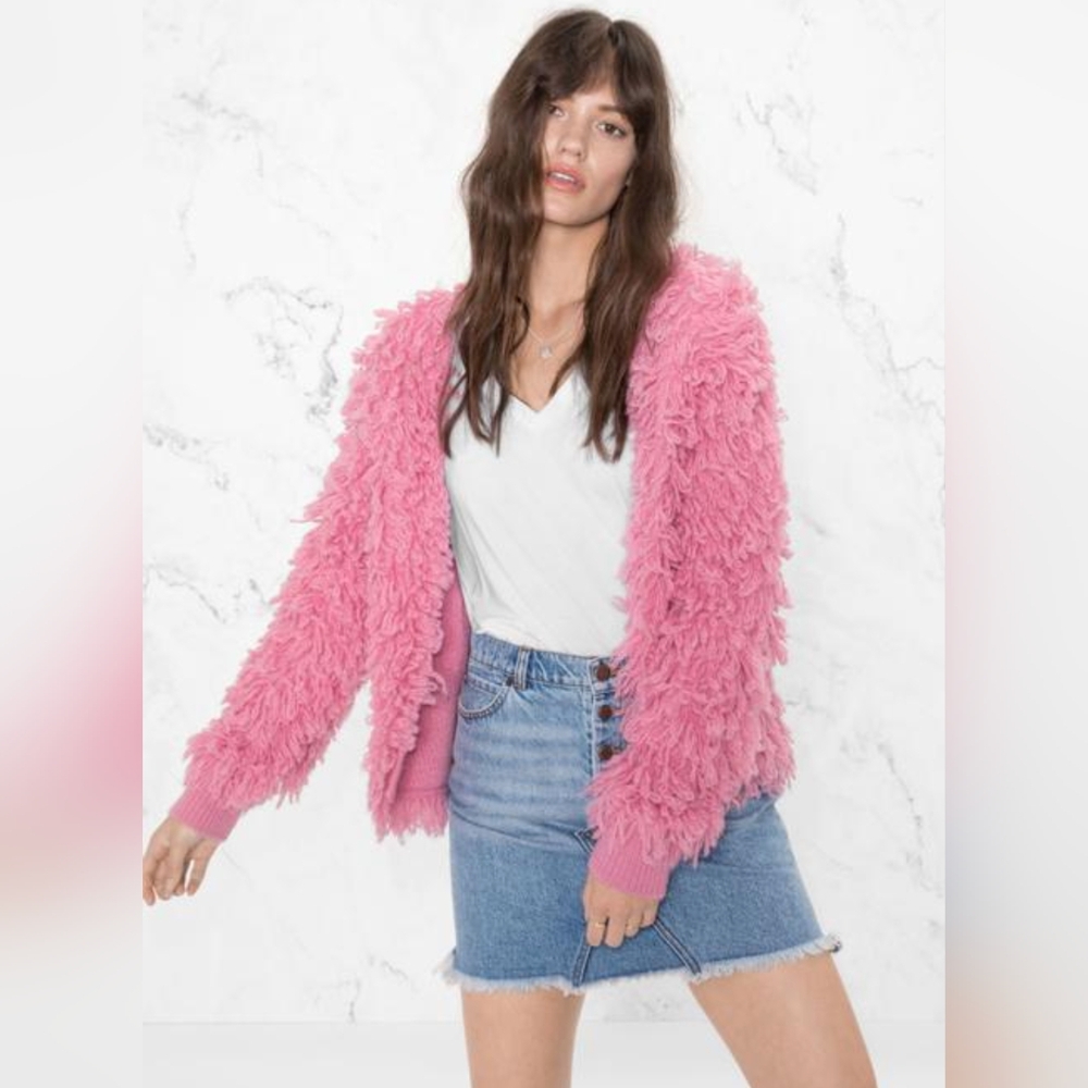And Other Stories Pink Shaggy Wool-blend Knit Cardigan